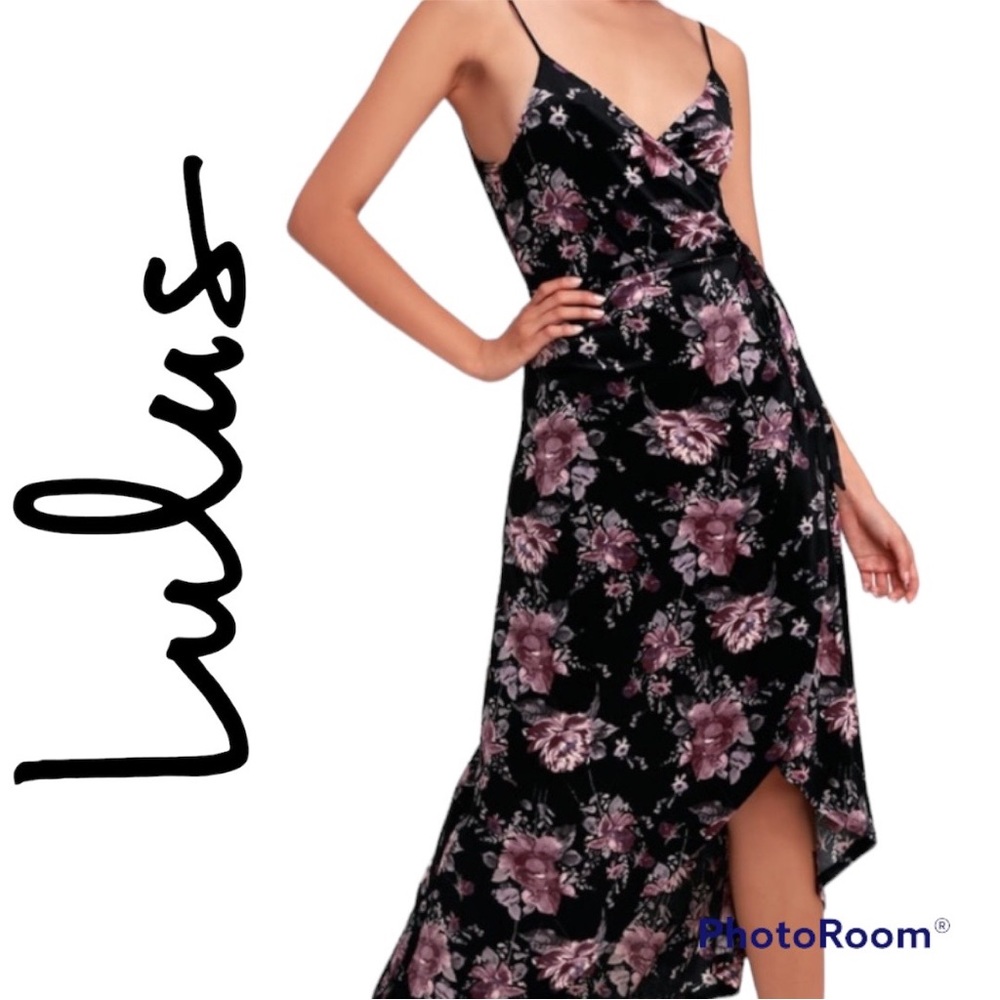 ✨NWT Lulu’s Moonlight Spell Black Floral Velvet High Low Dress✨